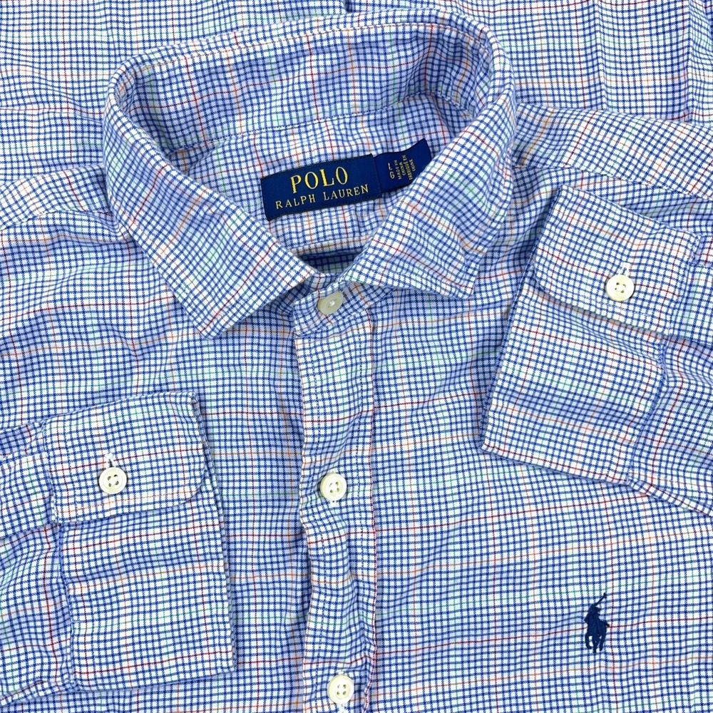 Polo Ralph Lauren Shirt Men Large Blue Button Up Dress Glen Plaid Soft Cotton